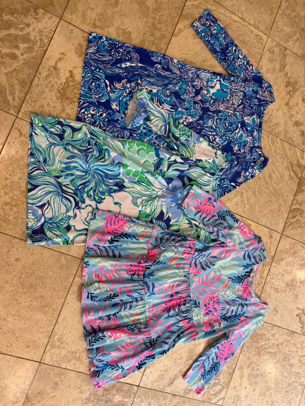 Bright Tropical Leafprint Tiered Dress in Blue, Green & Pink